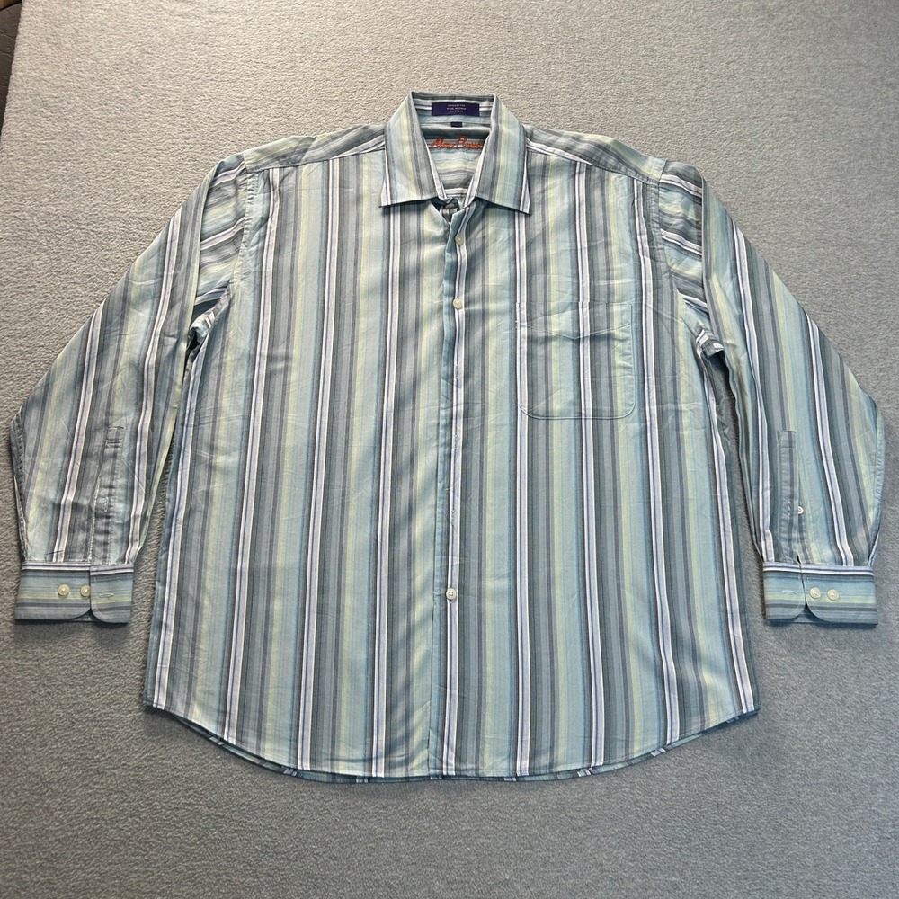 Alan Flusser Button Down Shirt Mens Large Blue Green Stripe Cotton Long Sleeve
